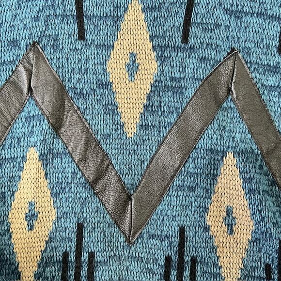 VTG 90s Atlantic Traders Knit Geometric Sweater Mens L Leather Trim Blue Tan - Picture 3 of 7